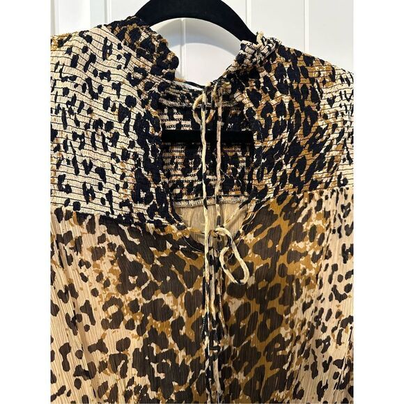 Free People Leopard Roma Mock Neck Tie Detail Smocked Top Size Small OB1069086 - Picture 9 of 11